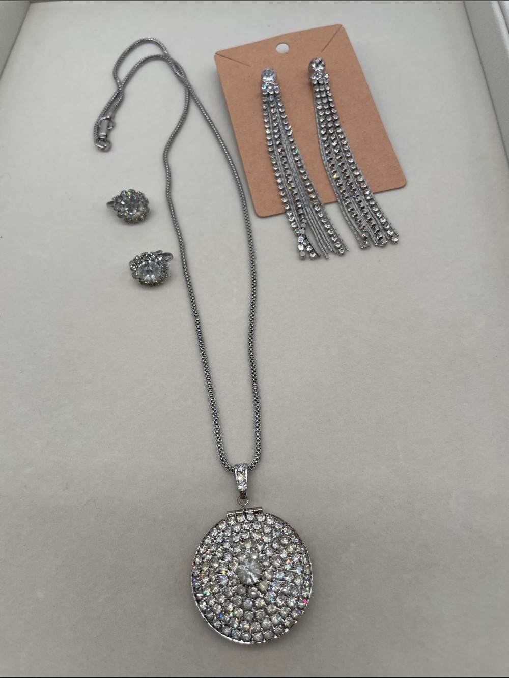 Silver Crystal Pavé Locket Pendant Necklace with Matching Earrings